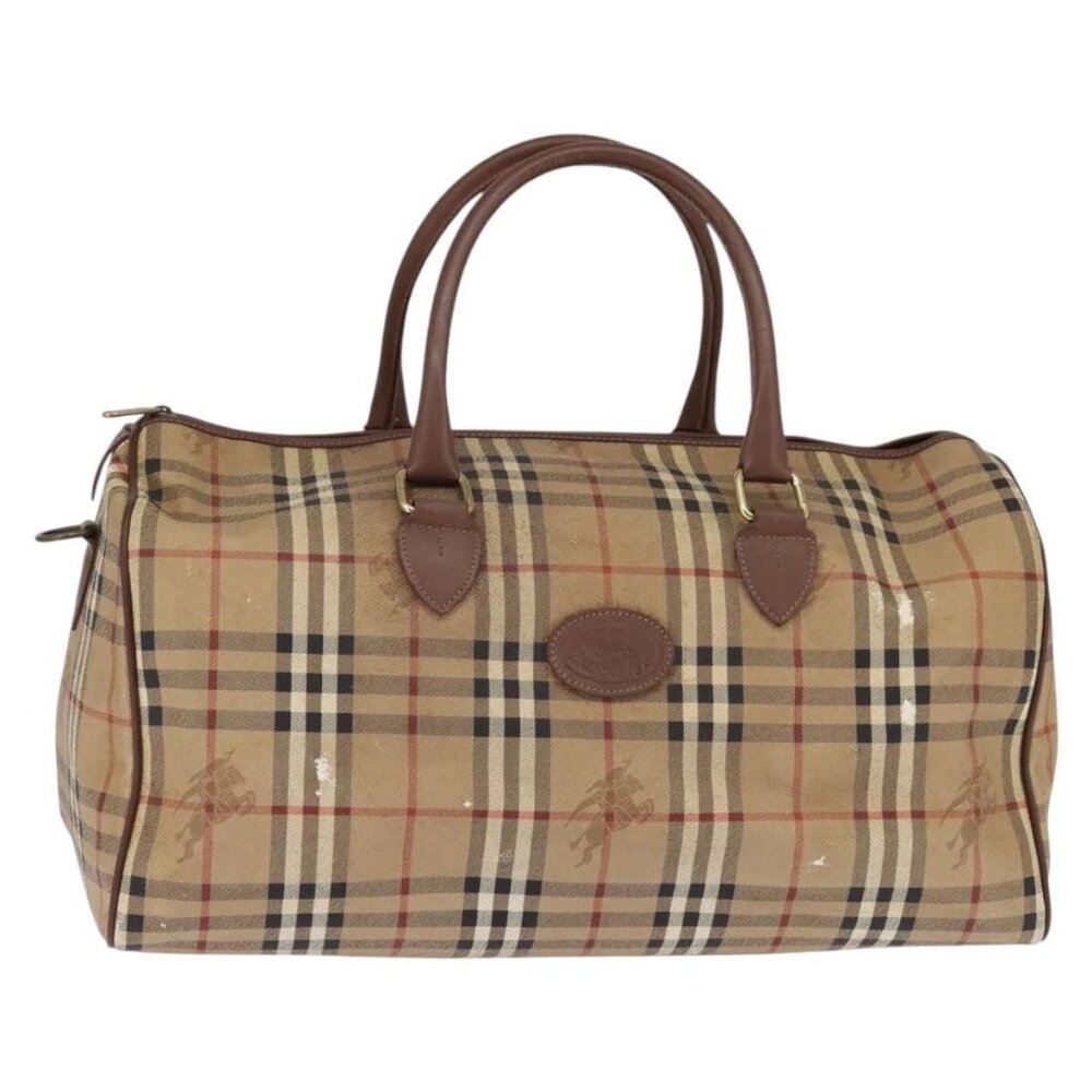 Burberrys Nova Check Boston Bag PVC Beige Gold Auth gh919